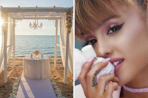 On the left, a wedding arch in front of the ocean, and on the right, Ariana Grande holding a bottle of perfume up to her nose
