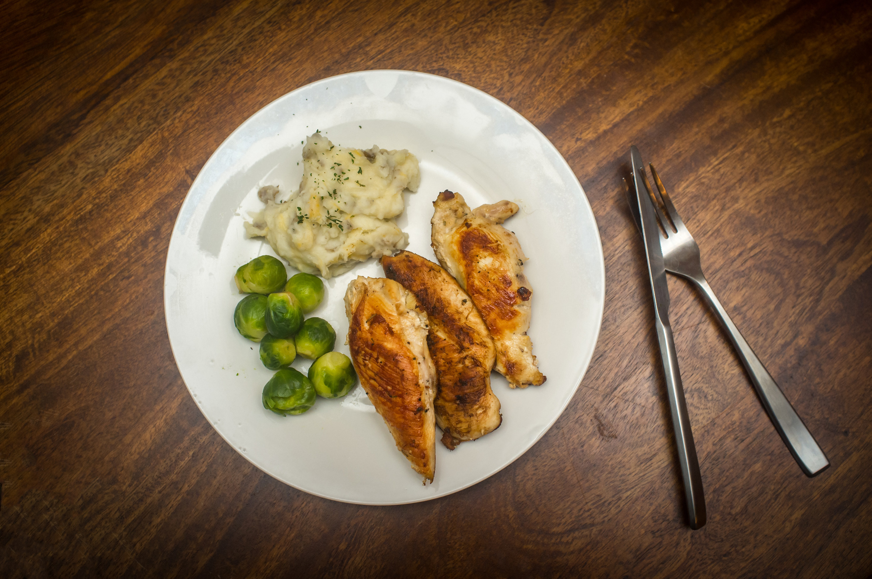 Chicken tenders with brussel sprouts and mashed potatoes