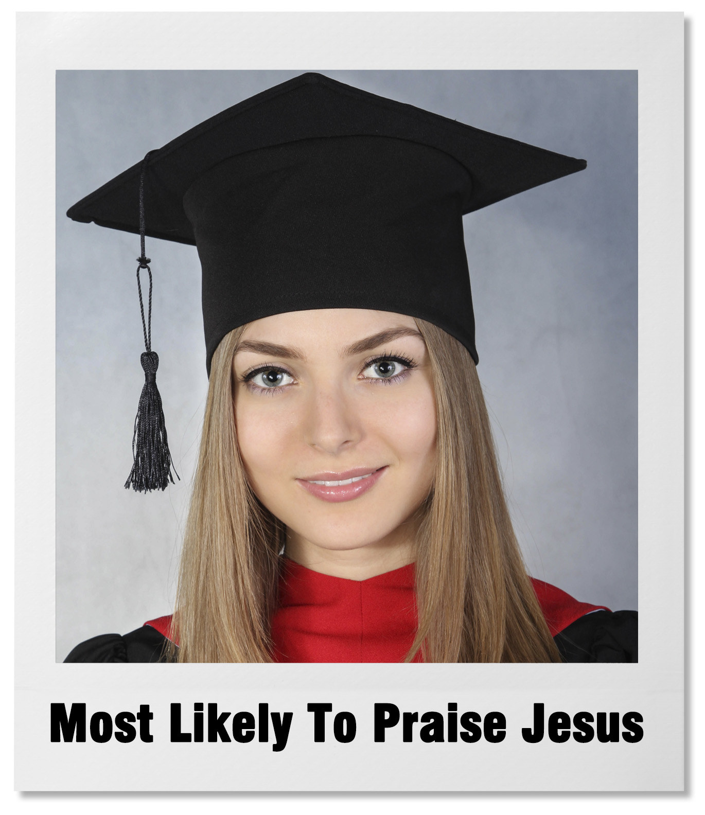yearbook photo of graduate with text &quot;Most Likely To Praise Jesus&quot;