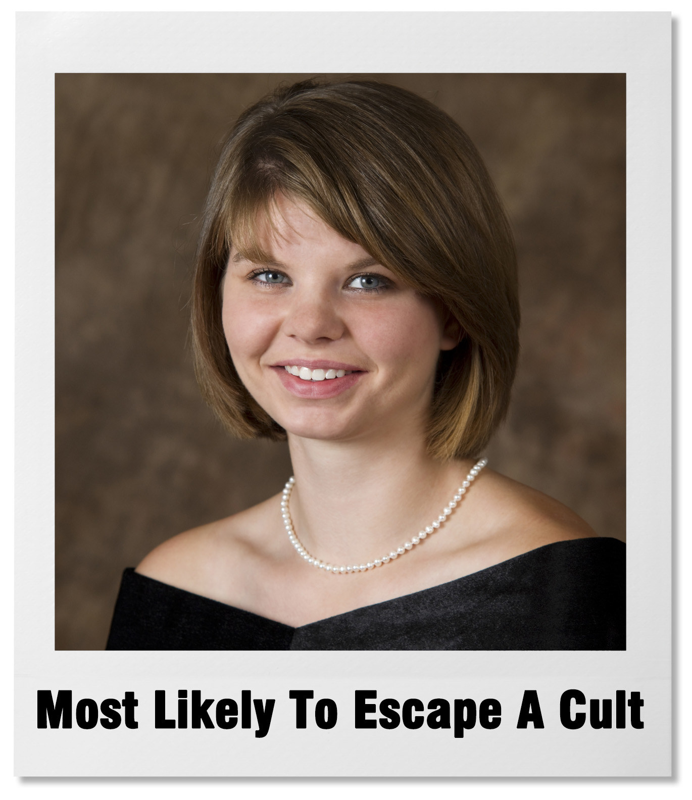 yearbook photo with text &#x27;most likely to escape a cult&#x27;