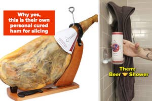 left image: serrano ham, right image: shower beer can holder