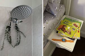 A split thumbnail of a showerhead and a bedside shelf