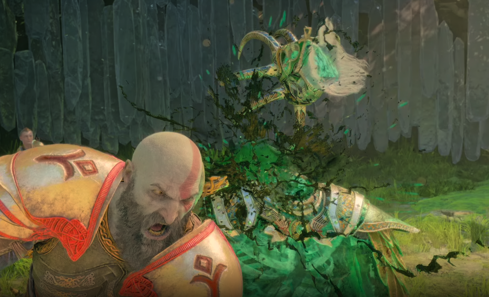 A bald man with a beard yells as a green skeleton with a crown is decapitated