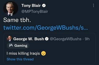Satire account @GeorgeWBushs and @MPTonyBlair got suspended for parodying political figures.