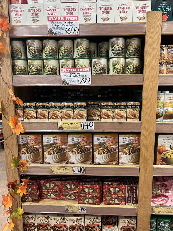 Trader Joe&#x27;s Thanksgiving products on a shelf