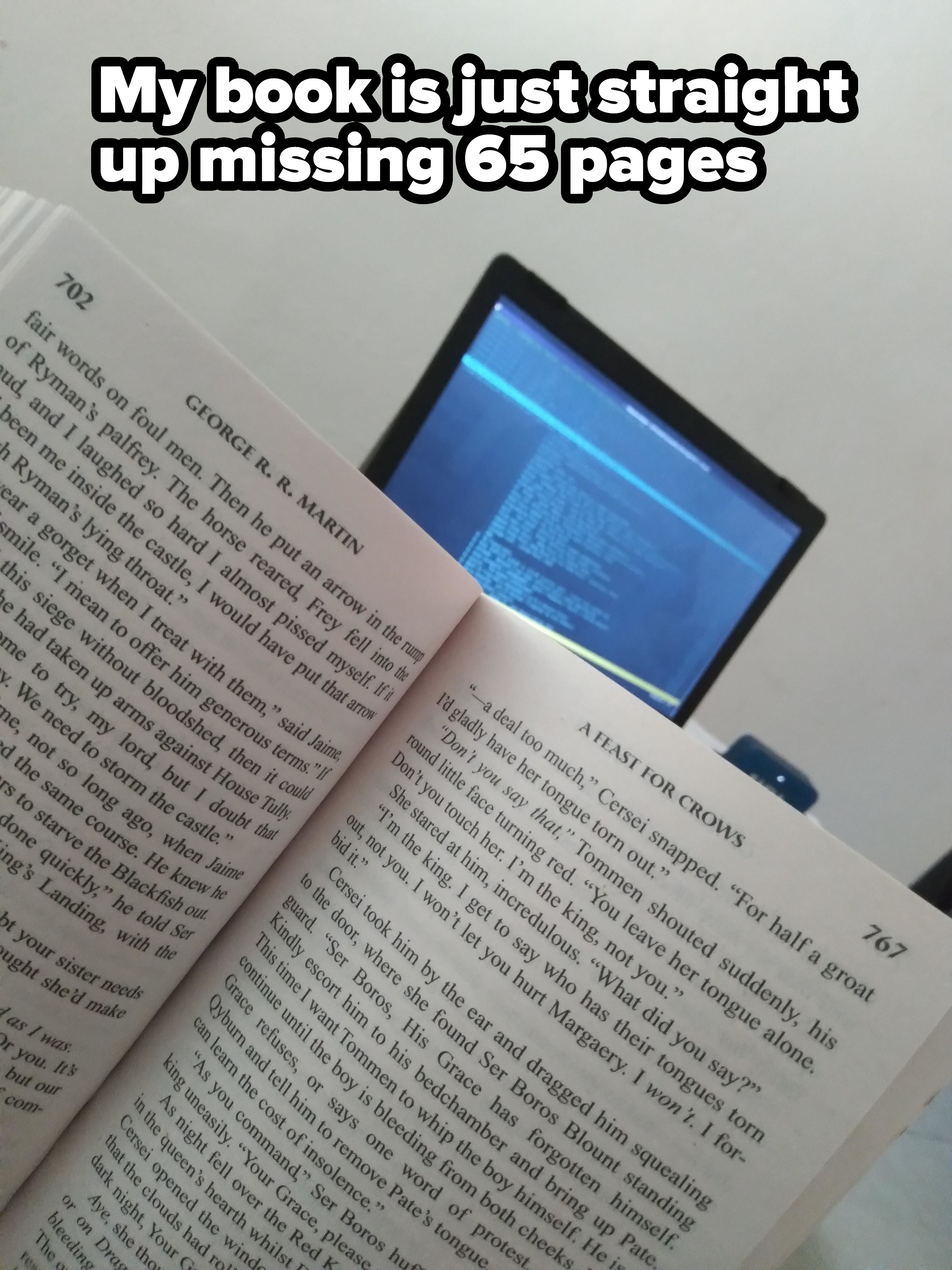 An open book with pages that jump from 702 to 767