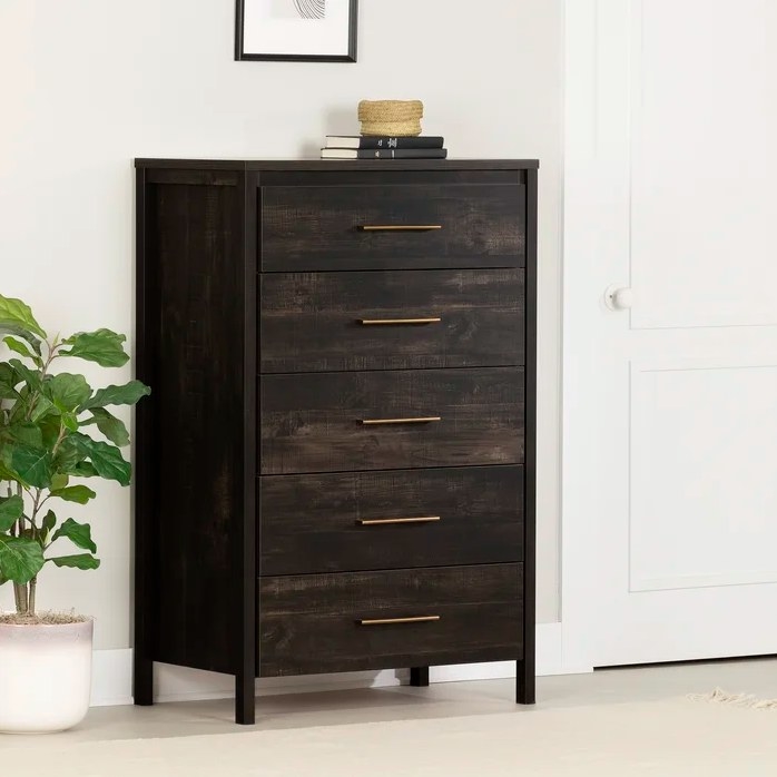 Brown five-drawer chest