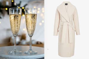 Two glasses of champagne next to a long white coat with tie waist