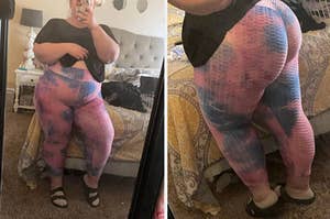 左：审稿人镜子自拍穿着粉红色和蓝色的扎染绑腿。右：后视图，显示提起的赃物