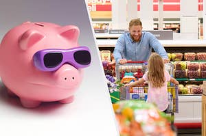 On the left is a piggy bank with sunglasses and on the right is a father and daughter at BJ's