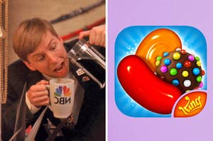 On the left, Kenneth from 30 Rock pouring coffee in a mug, and on the right, the Candy Crush logo