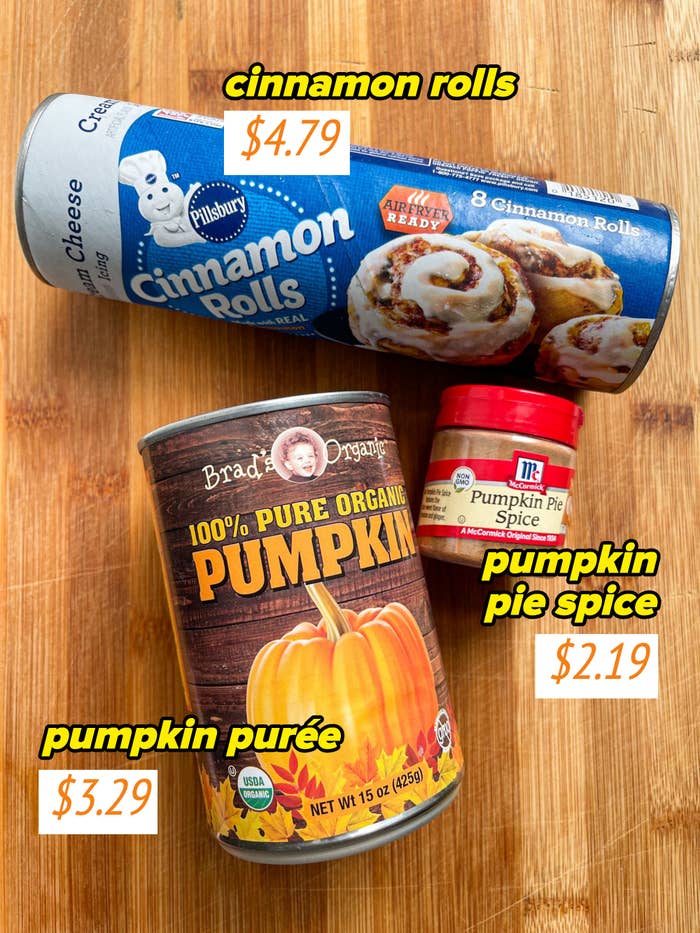 cinnamon rolls for 4.79, pumpkin pie spice for 2.19, and pumpkin puree for 3.29