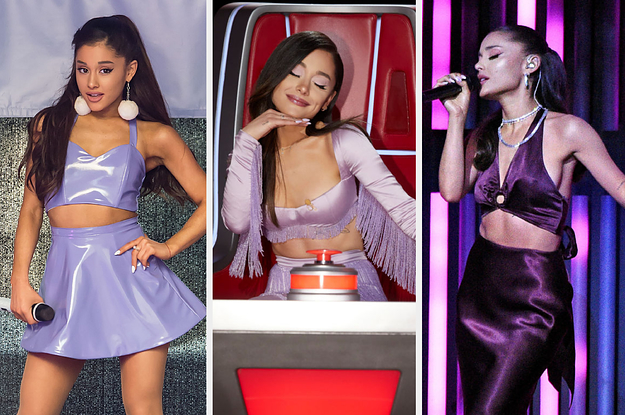 Ariana Grande wears a leather top with a skirt, she wears a shirt with tassels on the sleeves, and she wears a two piece gown