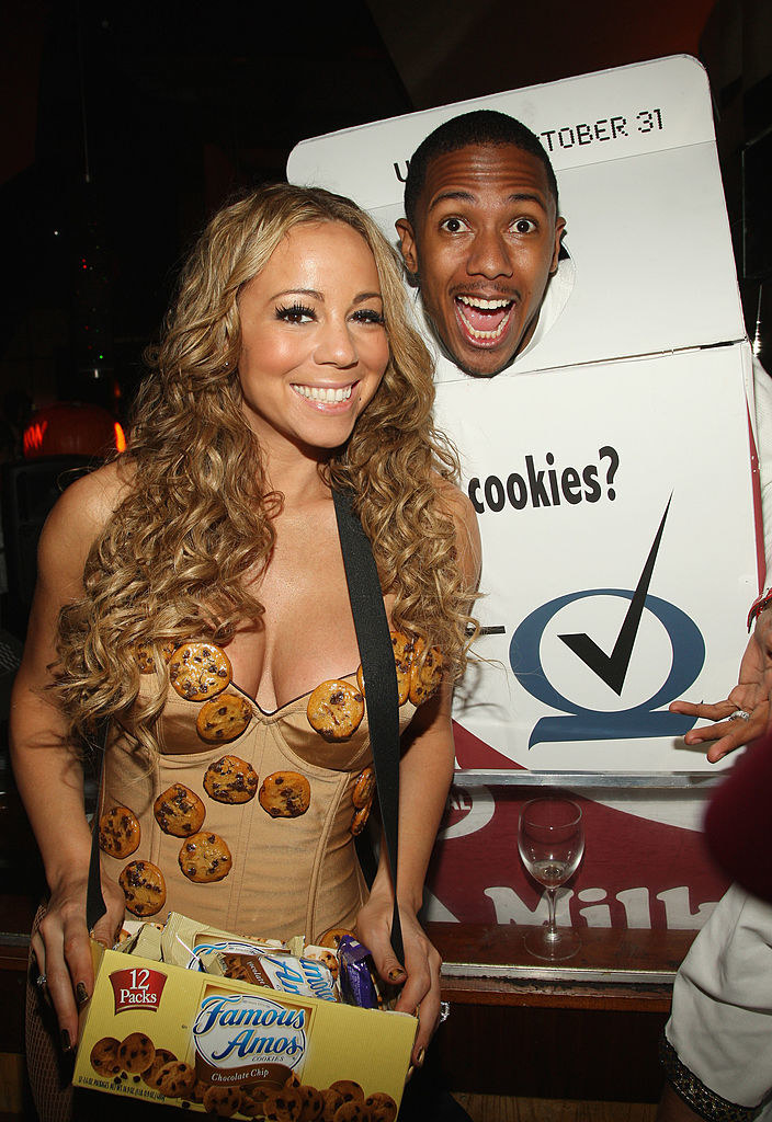 Nick and Mariah dressed as milk and cookies, respectively, for Halloween