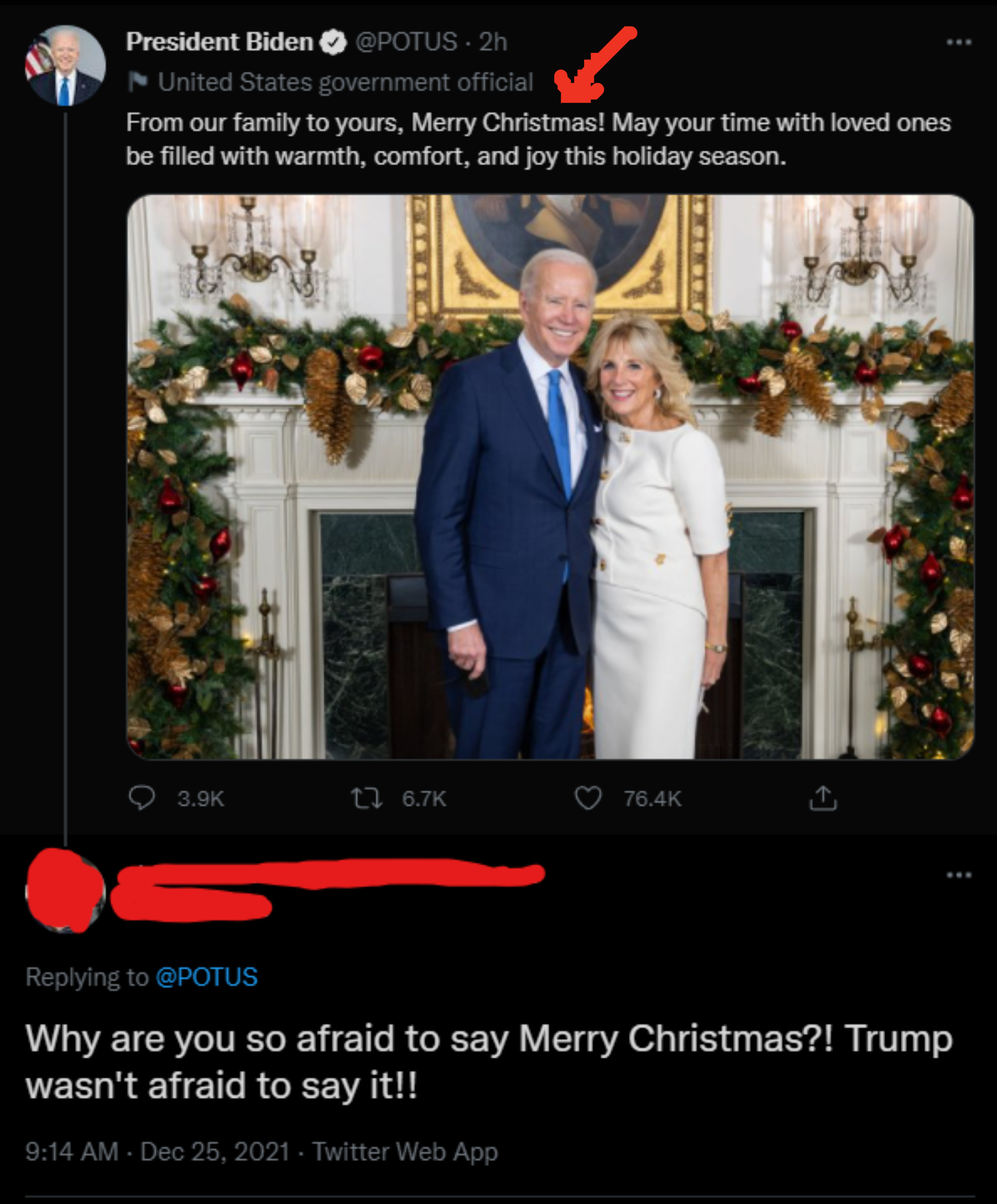 President Biden tweets out &quot;merry christmas&quot; and someone respongds, &quot;why are you so afrain to say merry christmas?&quot;