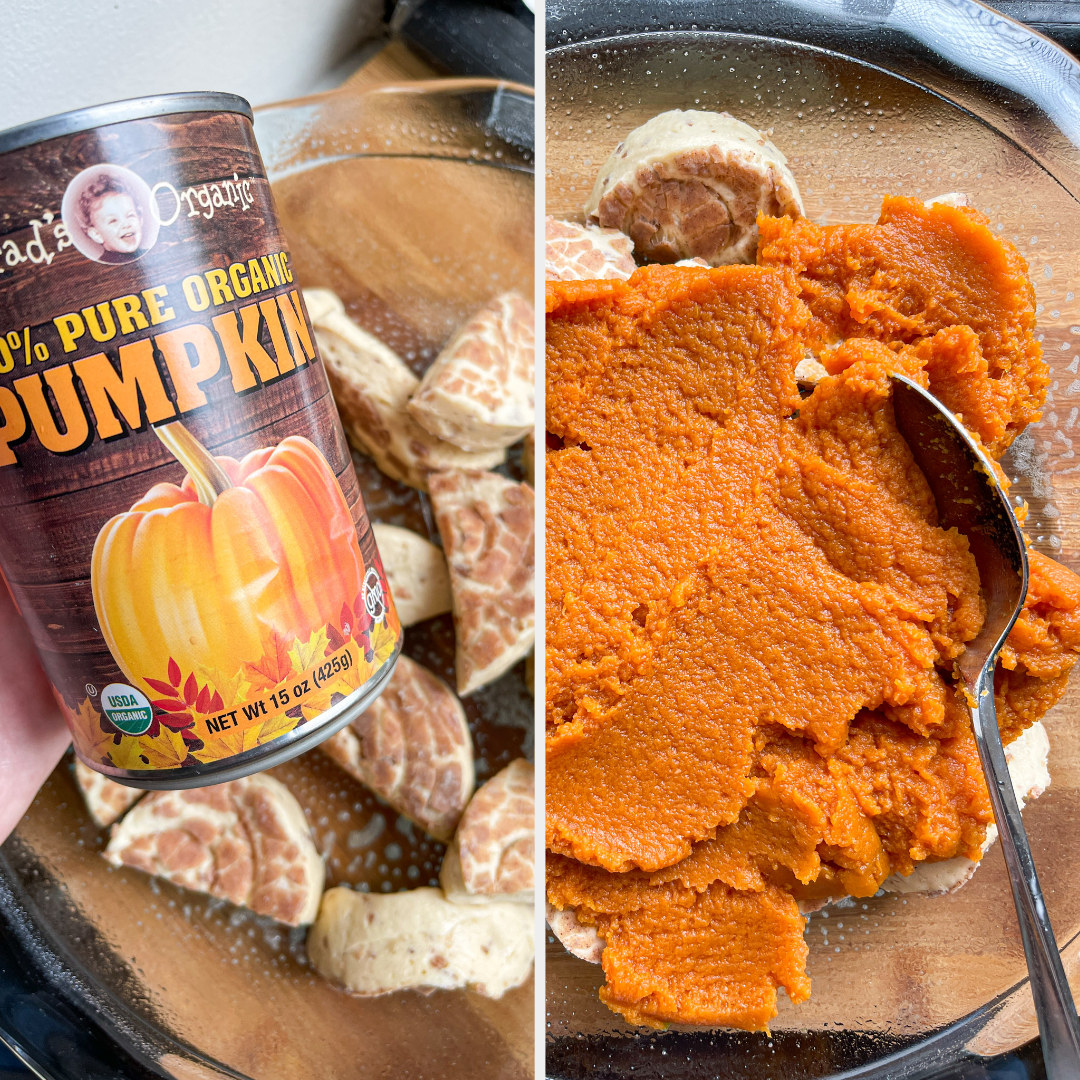 can of pure pumpking being spread out over top the cinnamon roll halves