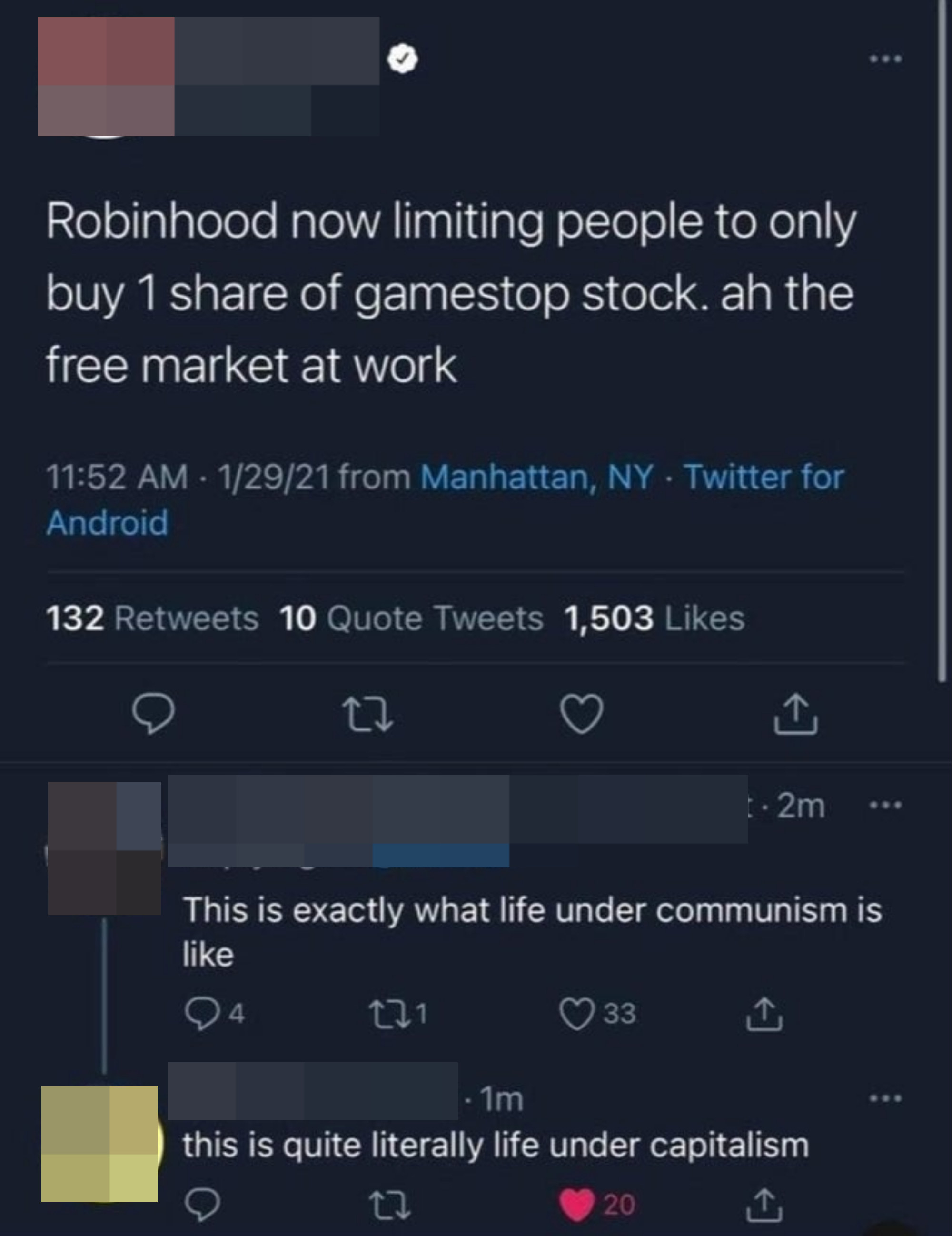 &quot;this is quite literally life under capitalism&quot; someone says to someone claiming that limiting stock buys is why they hate communism