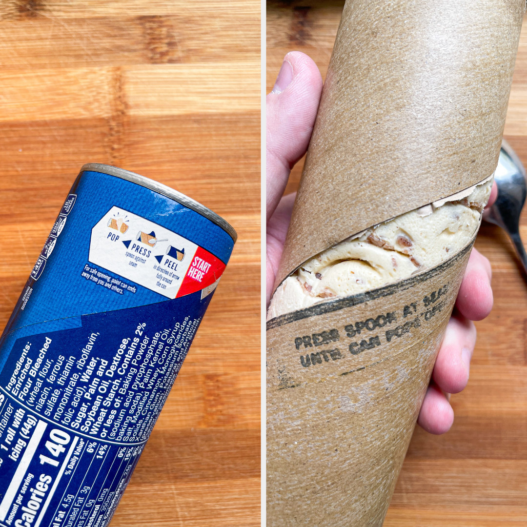 directions for opening cinnamon rolls and popping the cardboard can open