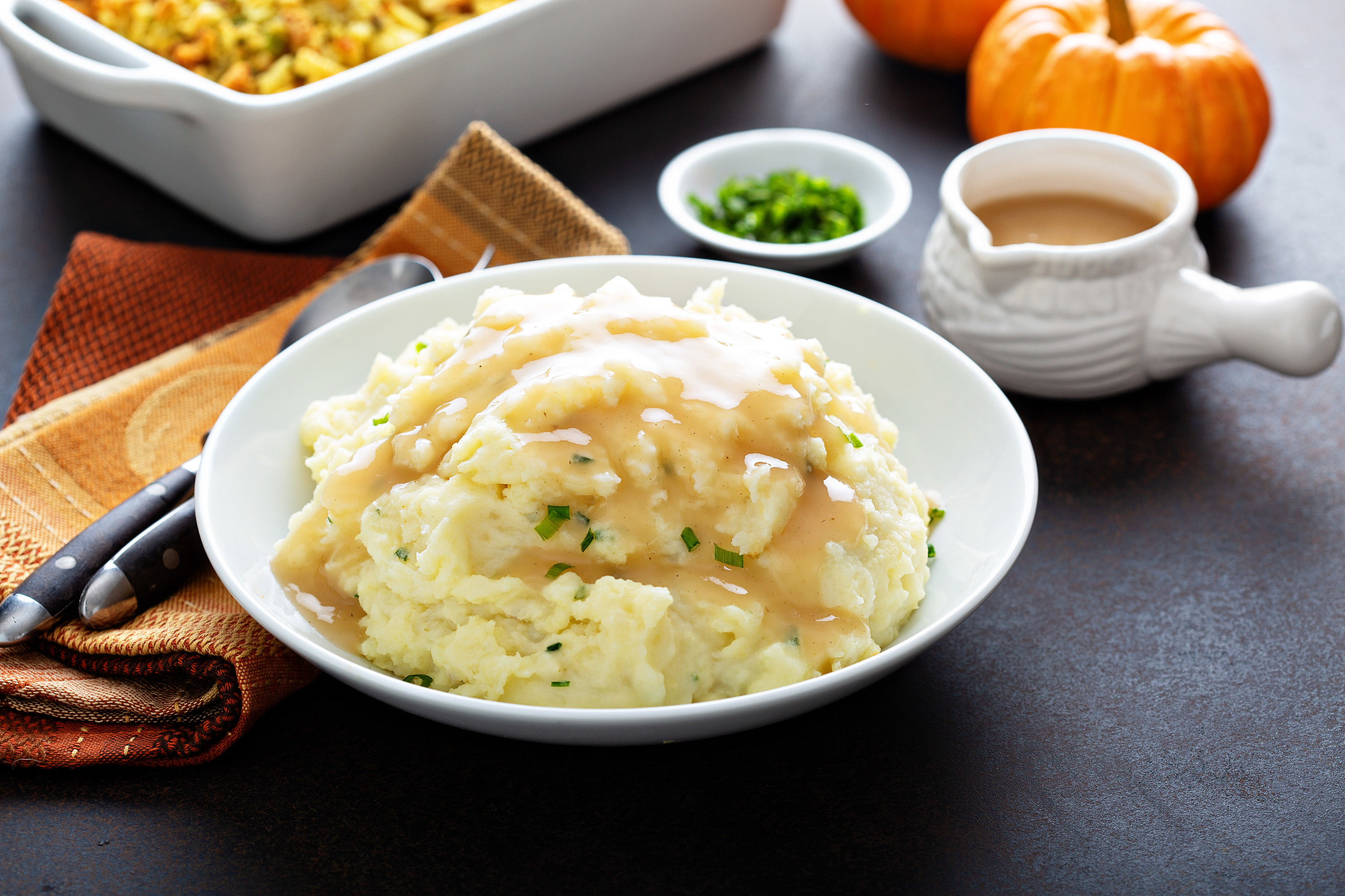 Mashed potatoes with gravy, traditional side dish for Thanksgiving
