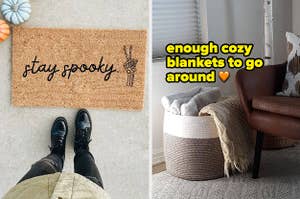 a "stay spooky" doormat / a basket full of cozy blankets