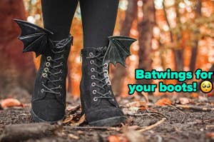 model wearing black batwings on their boots