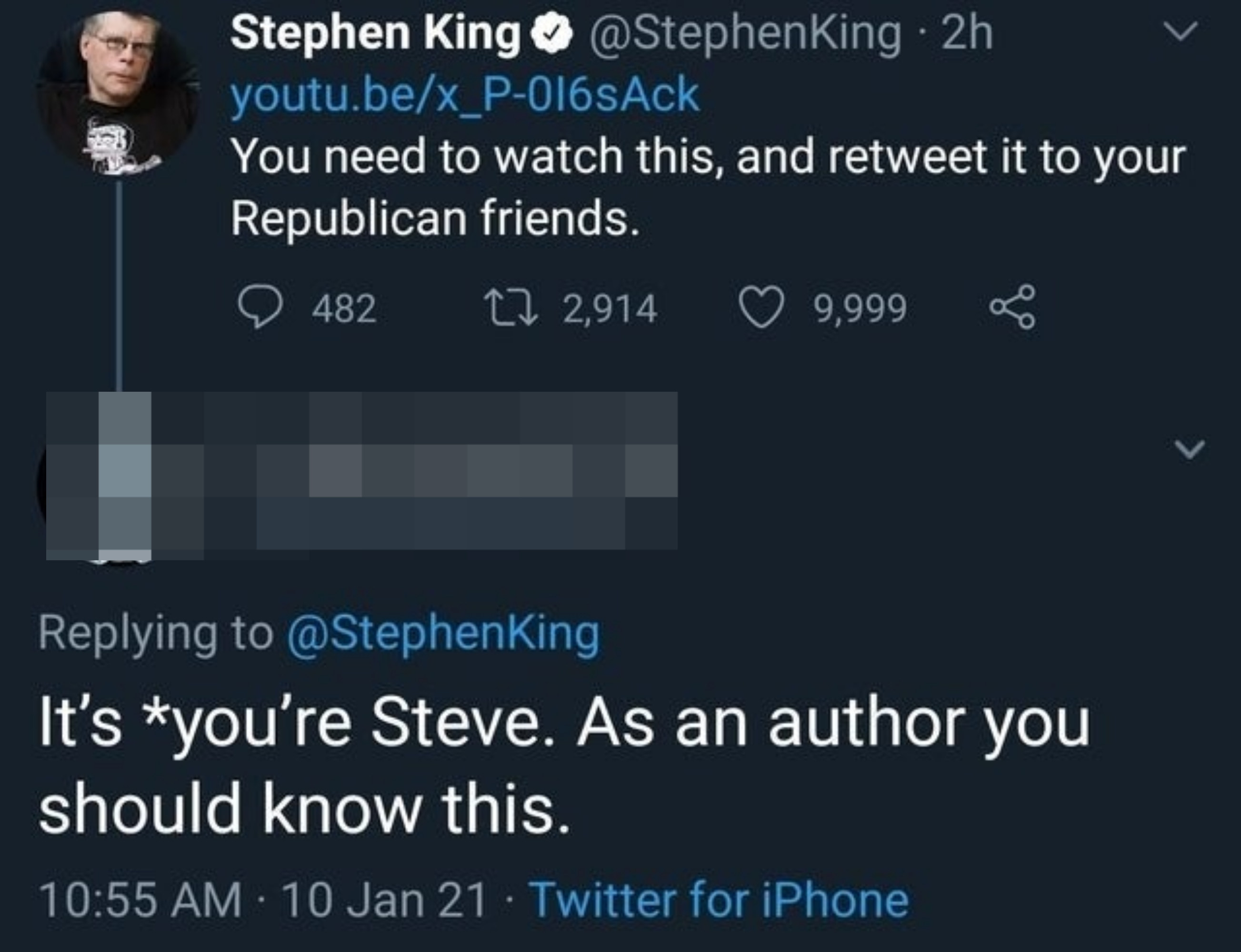 someone trying to correct Stephen King on the use of your but they are wrong and also spelled it Steve