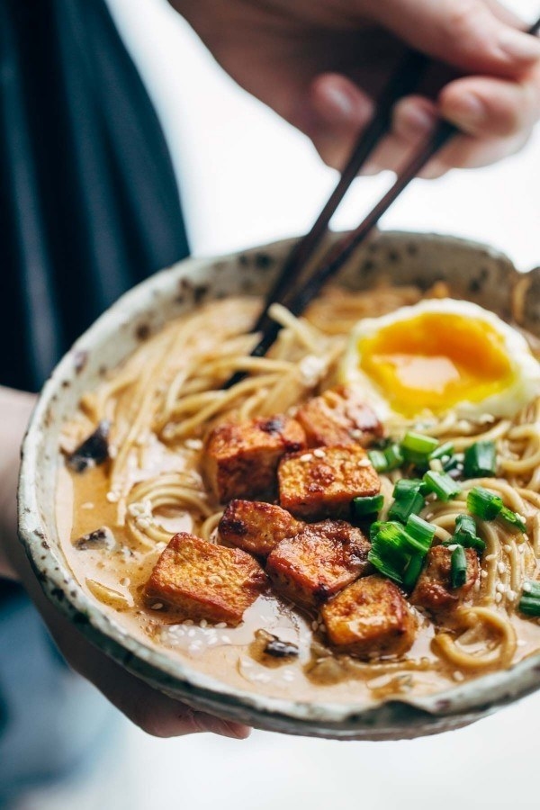 Fried tofu in ramen with fried egg