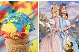 a cone of superhero icecream to the left, with a picture of the two leads of Princess on the Pauper standing back to back on the right