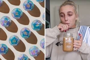 On the left, zodiac cubes, and on the right, Emma Chamberlain sipping on some iced coffee
