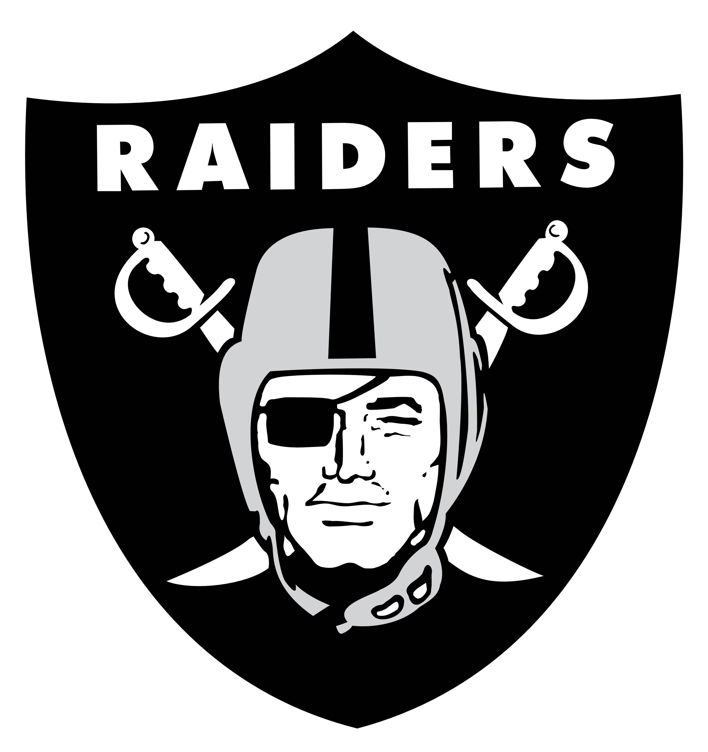 a shield shape with a drawing of a pirate wearing a helmet. the top of the shield says "raiders"