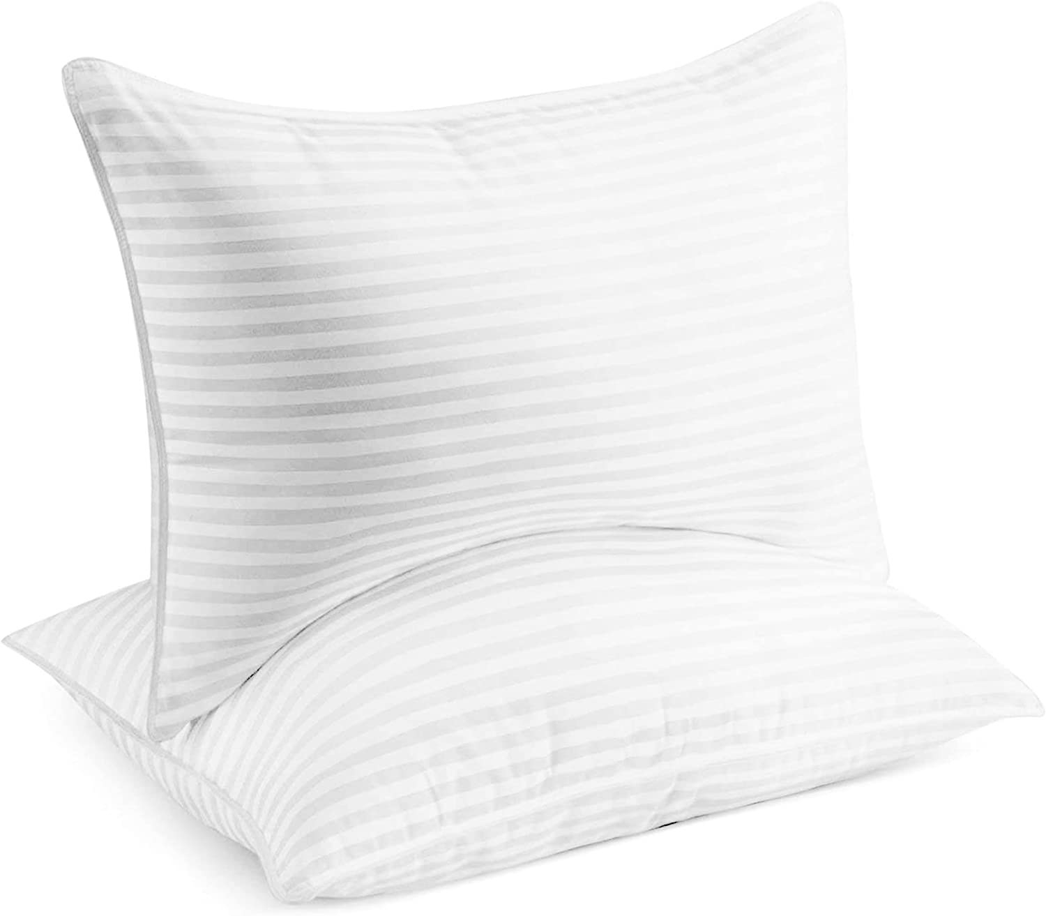 Two fully pillows with horizontal, light gray stripes