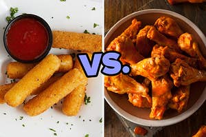 On the left, some mozzarella sticks with a side of marinara sauce, and on the right, some hot wings with versus typed in the middle