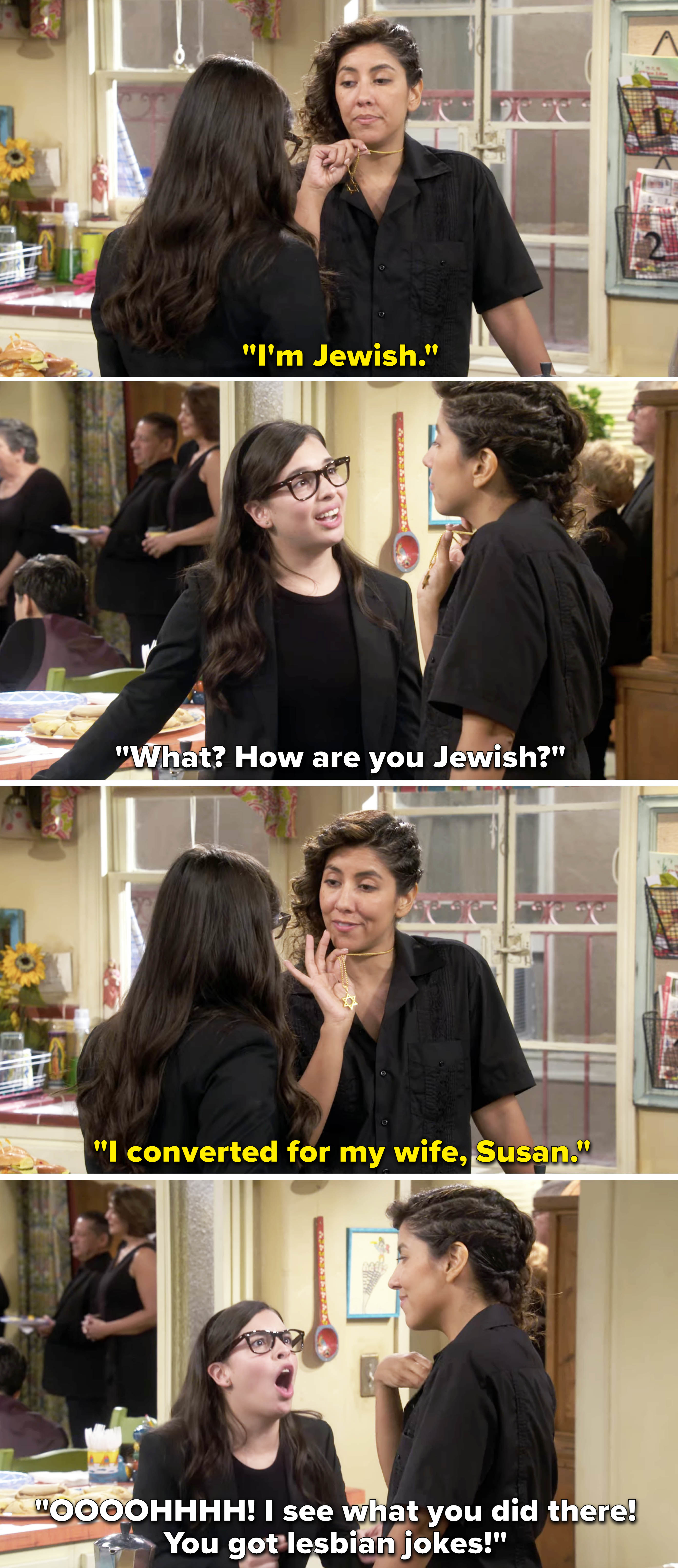 Pilar announcing she&#x27;s jewish and saying she converted for her wife and a teen replying, &quot;ohhh, i see what you did there you got lesbian jokes