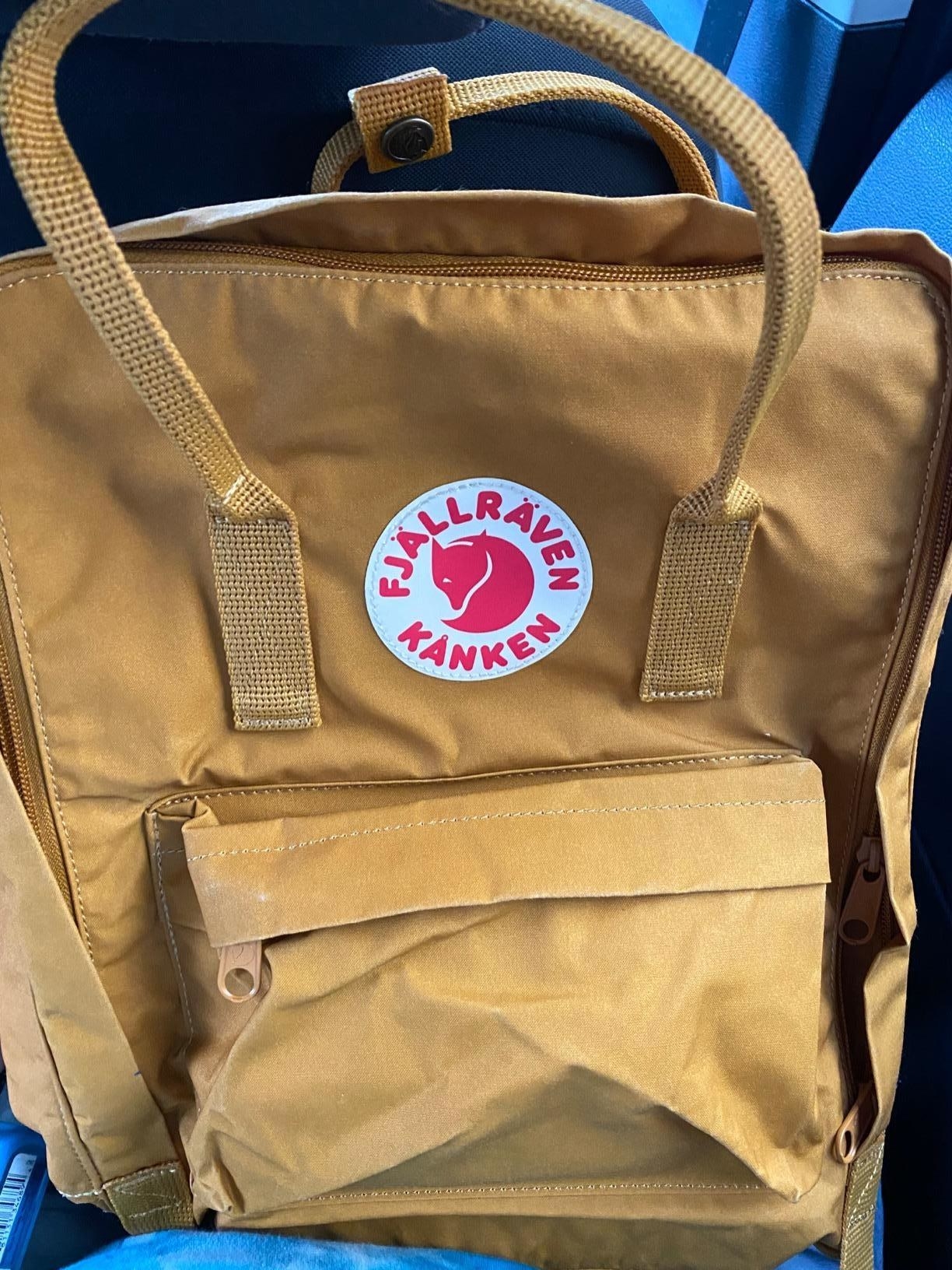 reviewer&#x27;s mustard yellow rectangular backpack