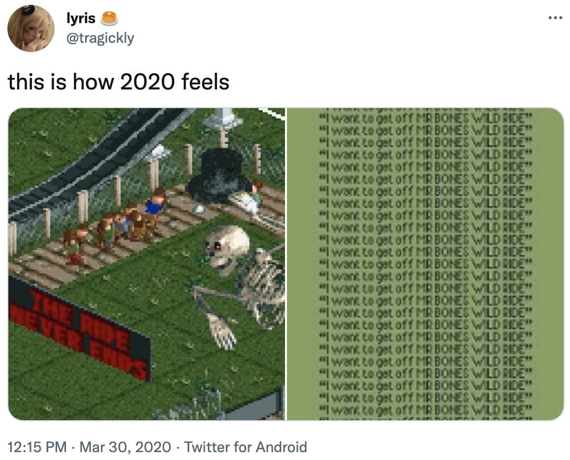 this is how 2020 feels and then there&#x27;s a screen shot from a game with a skeleton and roller coaster that says, the ride never ends and then text that reads, i want to gete of mr bones wild ride