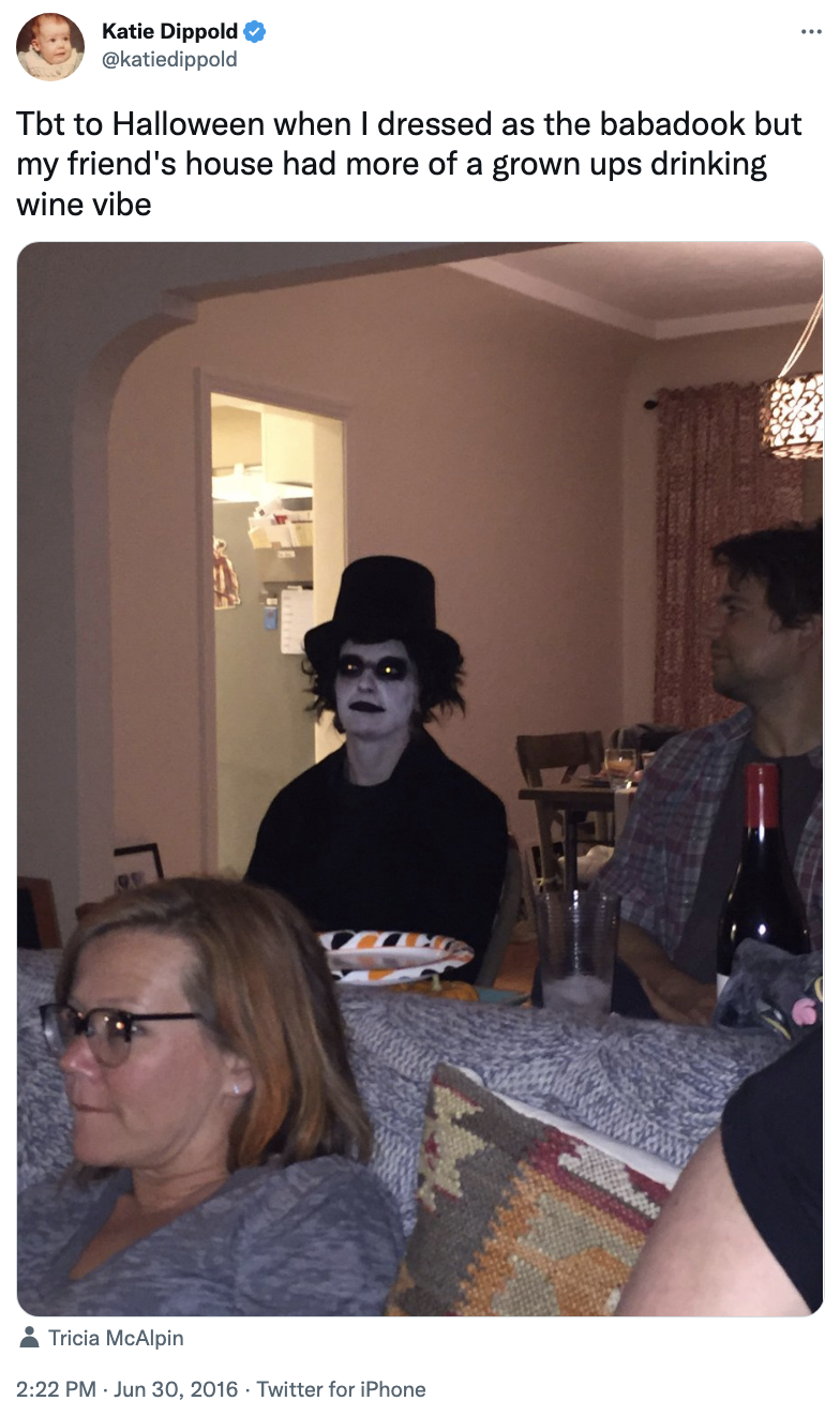 tweet showing a picture of them dressed as babadook for halloween and saying they dressed like this when they&#x27;re friend&#x27;s party was more of an adults drinking wine party