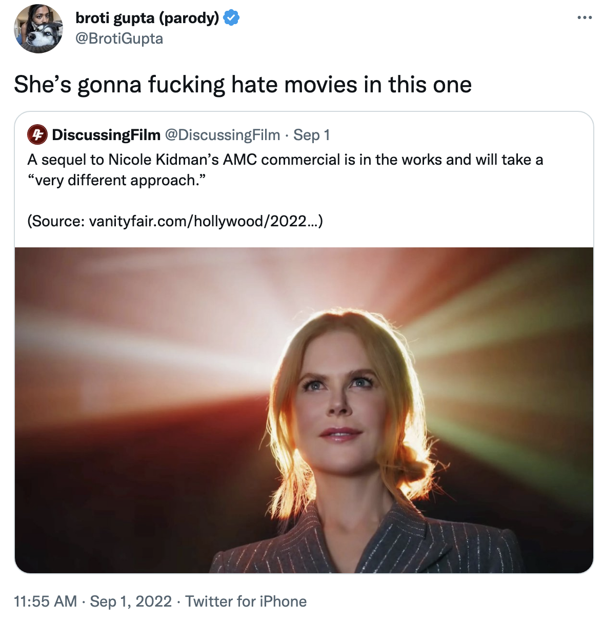 someone responding to a new nicole kidman ad for AMC theaters to suggest that she&#x27;ll hate movies in the next one