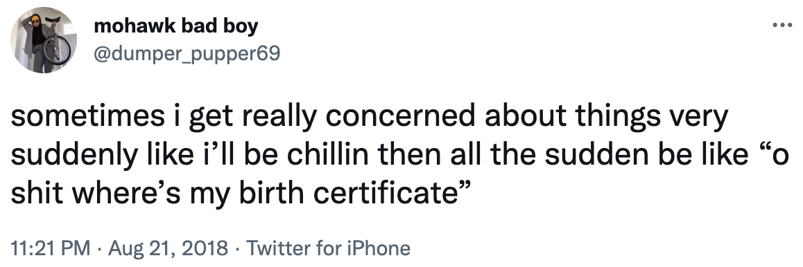 sometimes i get really concerned about things very suddenly, like i&#x27;ll be chillin then all the sudden be like oh shit where&#x27;s my birth certificate