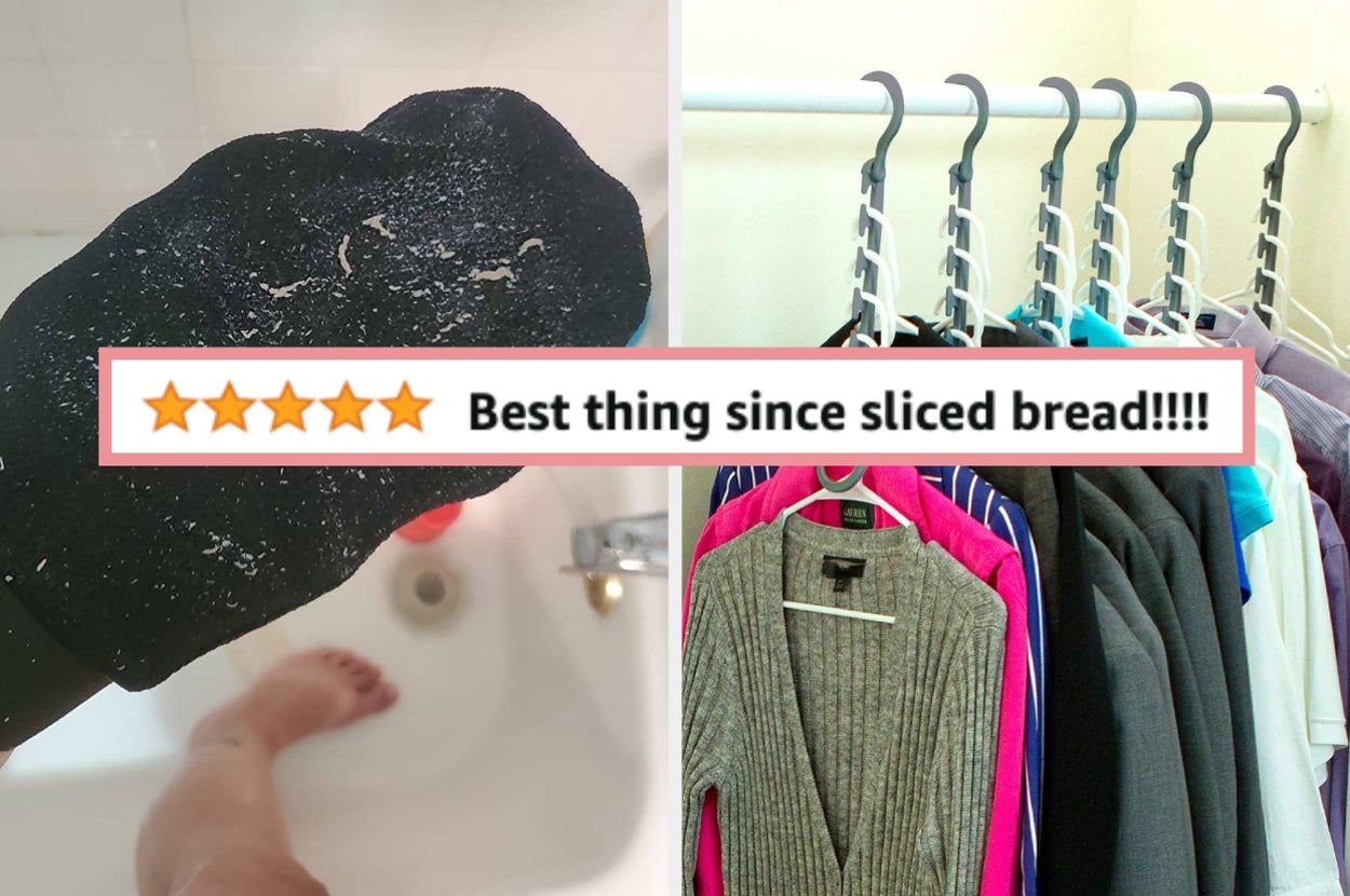 reviewer using an exfoliating mitt; space-saving hangers in a closet