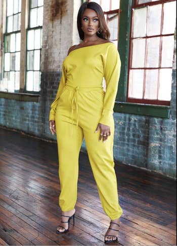 different model wearing the jumpsuit in yellow
