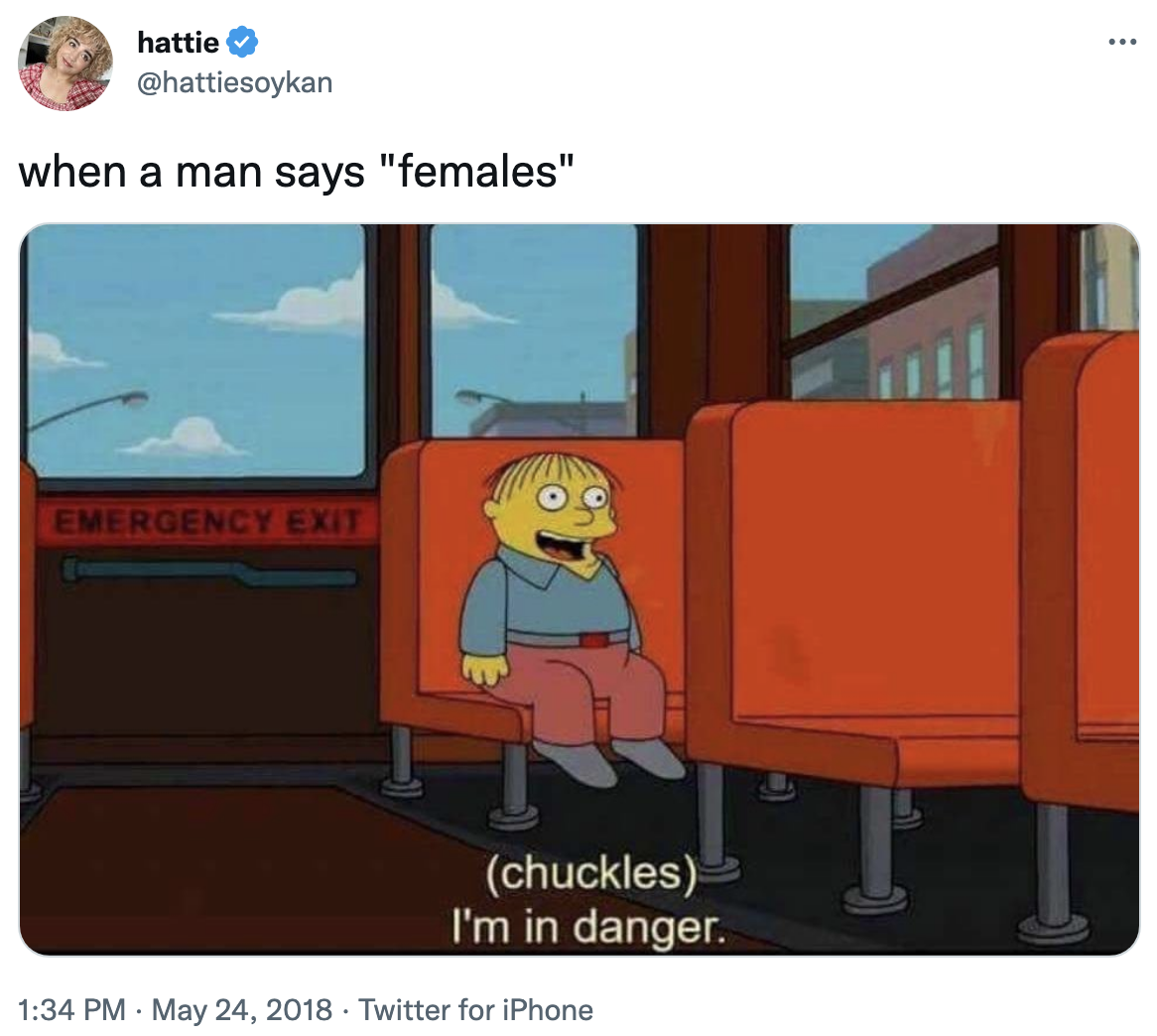 when a man says &quot;females&#x27; and then a photo of a cartoon kid alone on a bus saying, i&#x27;m in danger