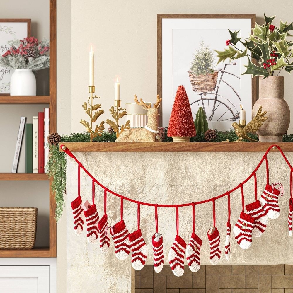 the garland displayed on a mantle
