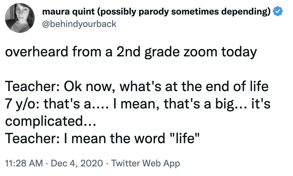 overheard from a 2nd grade zoom: teacher: ok now, what&#x27;s at the end of life? 7 year old: that&#x27;s a...I mean, that&#x27;s a big...it&#x27;s complicated. teacher: i mean the word life
