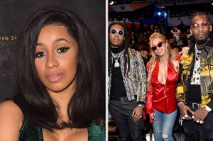 Cardi B wears a green dress. She also appears in a red button-up shirt with matching glasses and blue jeans while standing with Takeoff and Offset, who have on black jackets with multiple other colors and black jeans.
