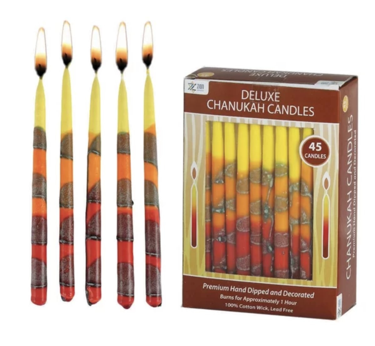 The taper candles are red, orange, yellow and have brown markings