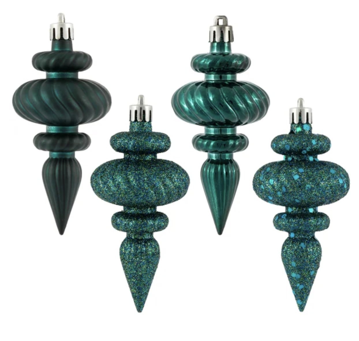 There are four deep emerald ornaments with various textures ranging from matte to glitter