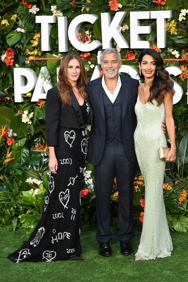 Julia Roberts, George Clooney and Amal Clooney attend the &quot;Ticket To Paradise&quot; World Film Premiere at Odeon Luxe Leicester Square on September 07, 2022 in London, England
