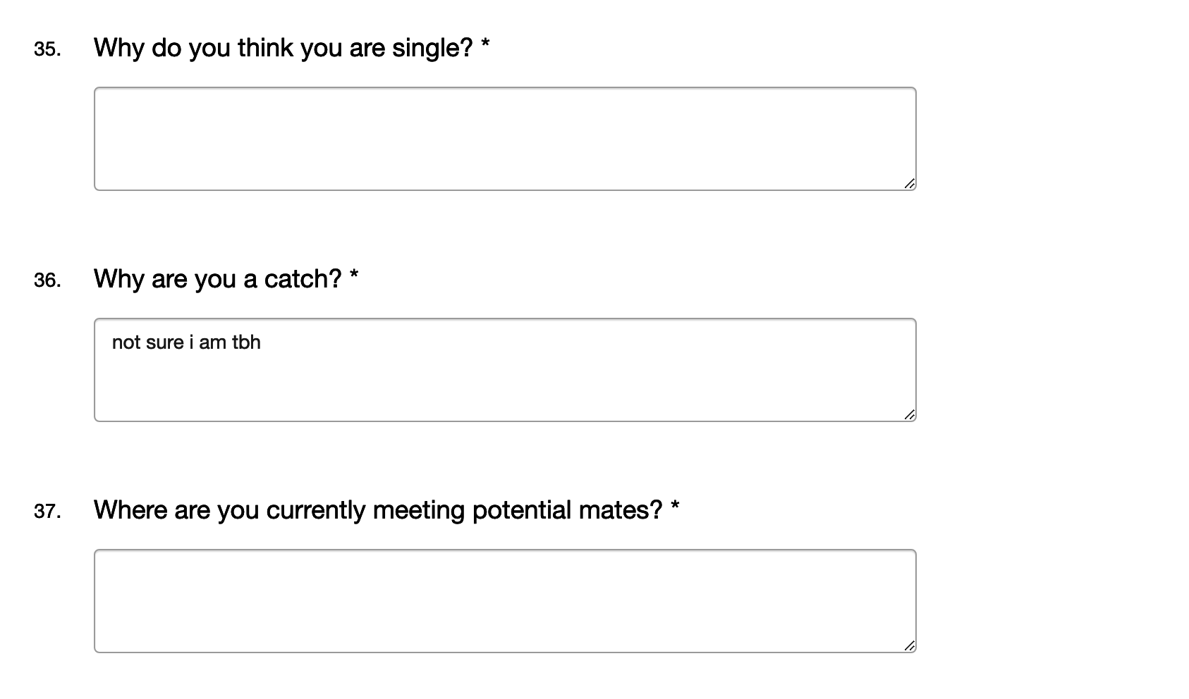 Screenshot from &quot;Love Is Blind&quot; questionnaire