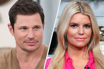 Nick Lachey wears a brown sweater while Jessica Simpson wears a hot pink shirt with large silver hoop earrings.