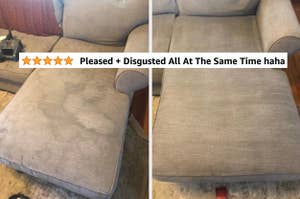 Reviewer's couch before and after using Little Green Machine